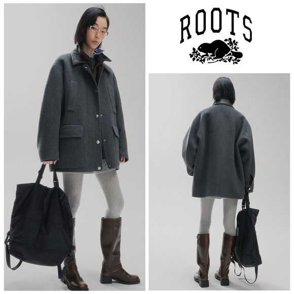 Roots Jackets & Blazers - Roots Gray Wool Jacket with Black Leather Collar